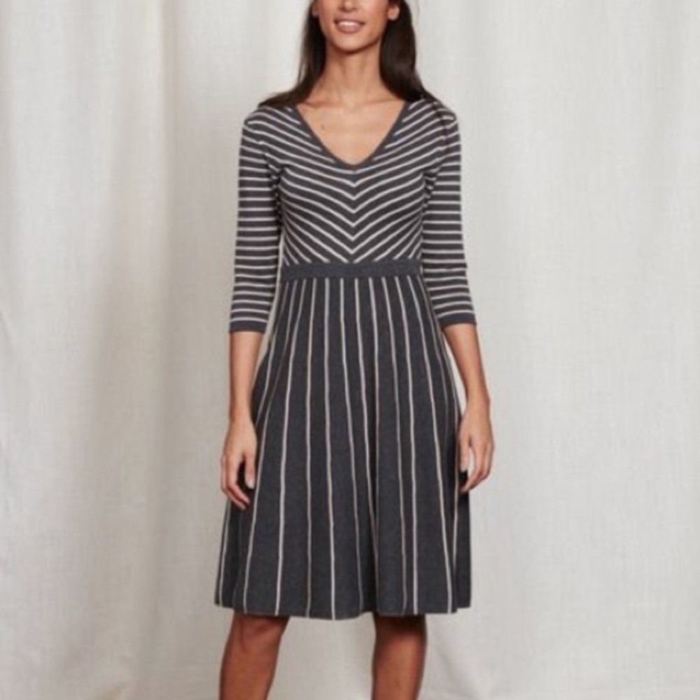 Striped V-Neck Fit & Flare Dress in Charcoal/White